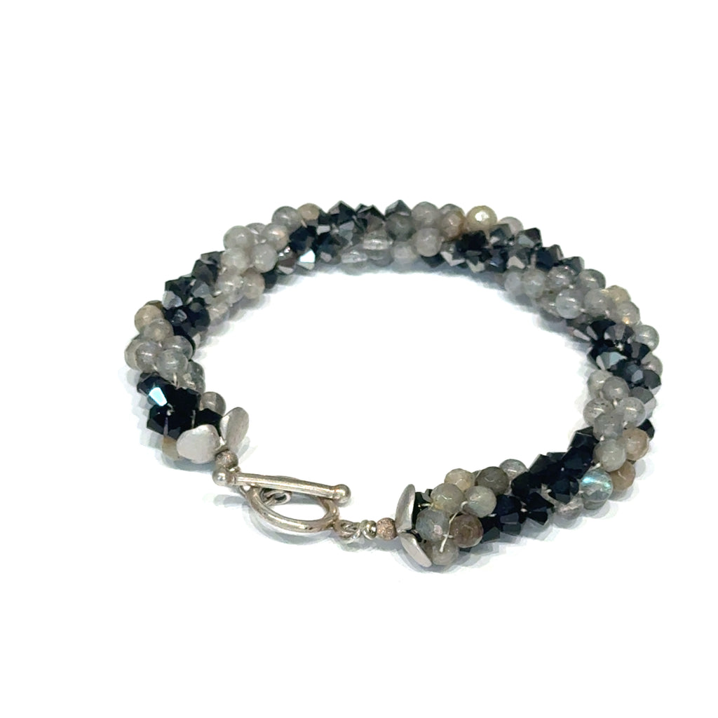 Jet Black Swarovski Crystal and Labradorite Spiral Crocheted Bracelet, Size 6.5, Sterling Silver Toggle