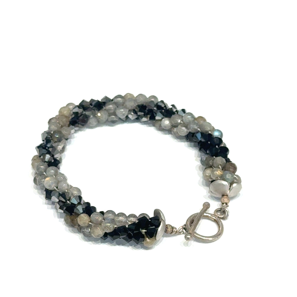 Jet Black Swarovski Crystal and Labradorite Spiral Crocheted Bracelet, Size 6.5, Sterling Silver Toggle