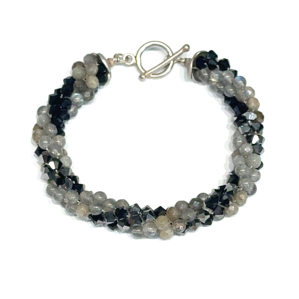 Jet Black Swarovski Crystal and Labradorite Spiral Crocheted Bracelet, Size 6.5, Sterling Silver Toggle
