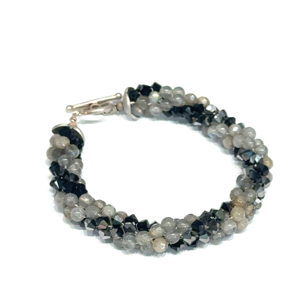 Jet Black Swarovski Crystal and Labradorite Spiral Crocheted Bracelet, Size 6.5, Sterling Silver Toggle