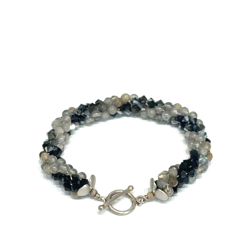Jet Black Swarovski Crystal and Labradorite Spiral Crocheted Bracelet, Size 6.5, Sterling Silver Toggle