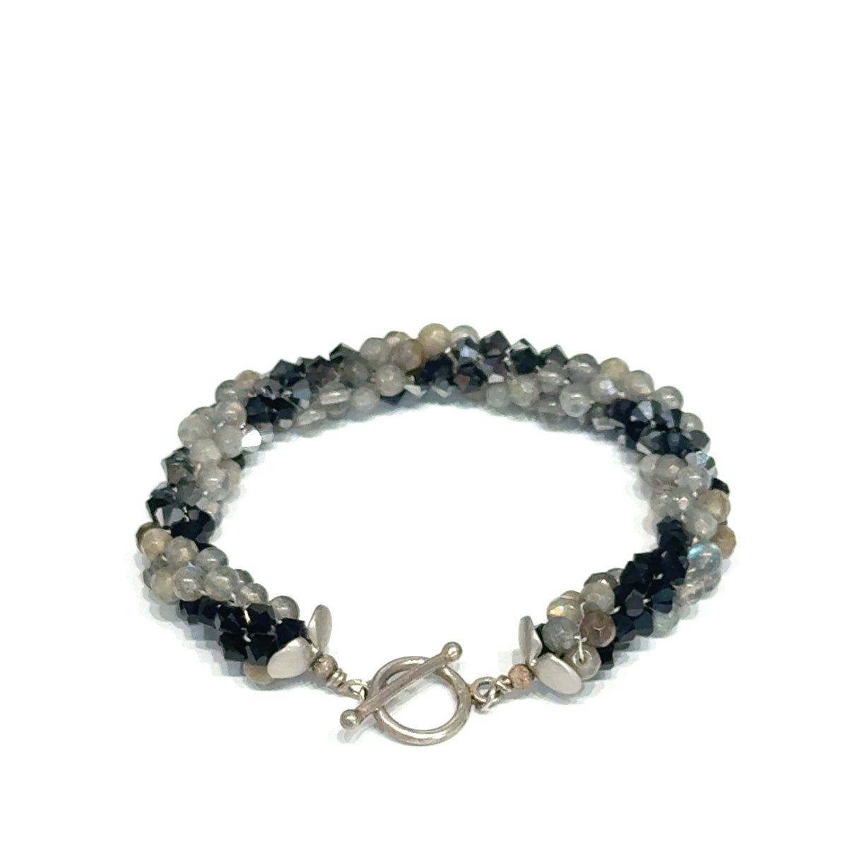 Jet Black Swarovski Crystal and Labradorite Spiral Crocheted Bracelet, Size 6.5, Sterling Silver Toggle