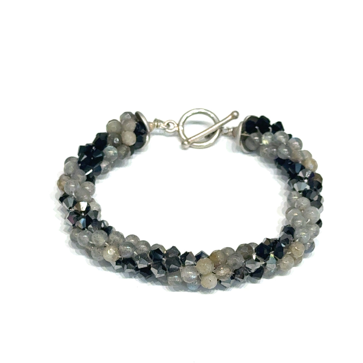 Jet Black Swarovski Crystal and Labradorite Spiral Crocheted Bracelet, Size 6.5, Sterling Silver Toggle