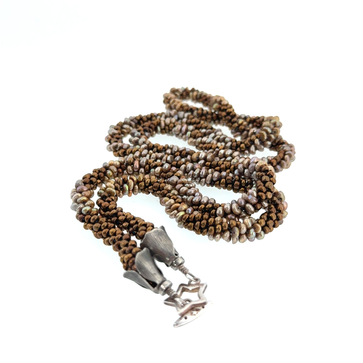 Freshwater Pearl and Bronze Seed-Bead Crocheted Necklace, 35 Inch
