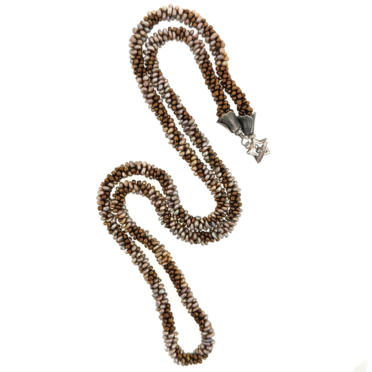 Freshwater Pearl and Bronze Seed-Bead Crocheted Necklace, 35 Inch