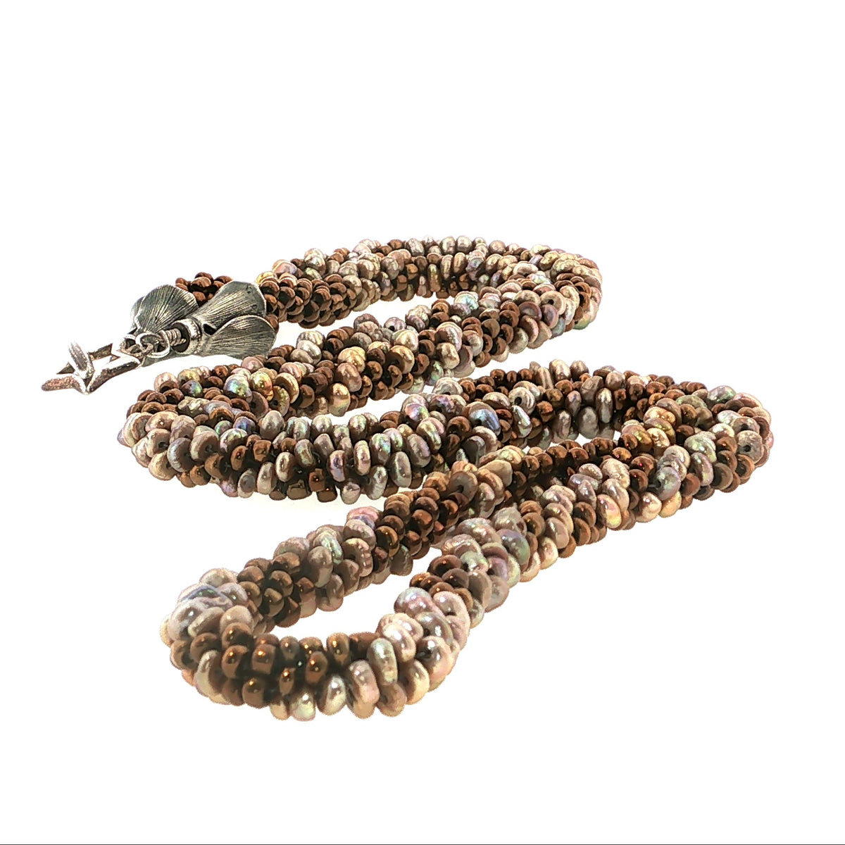 Freshwater Pearl and Bronze Seed-Bead Crocheted Necklace, 35 Inch
