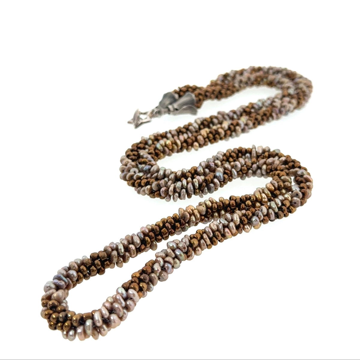 Freshwater Pearl and Bronze Seed-Bead Crocheted Necklace, 35 Inch