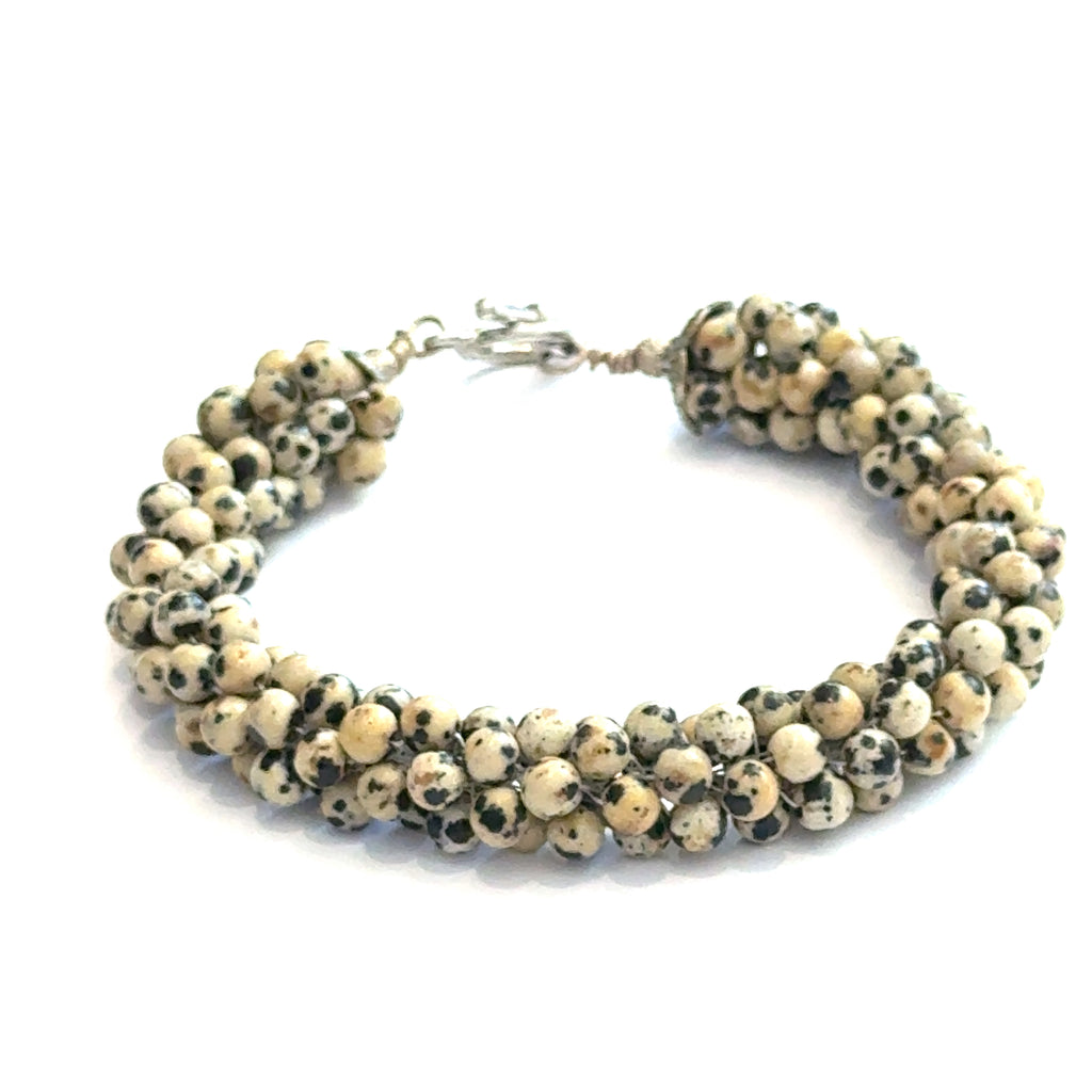 Dalmatian Jasper Gemstone Crocheted Bracelet Playful Spirit. Grounded Soul.