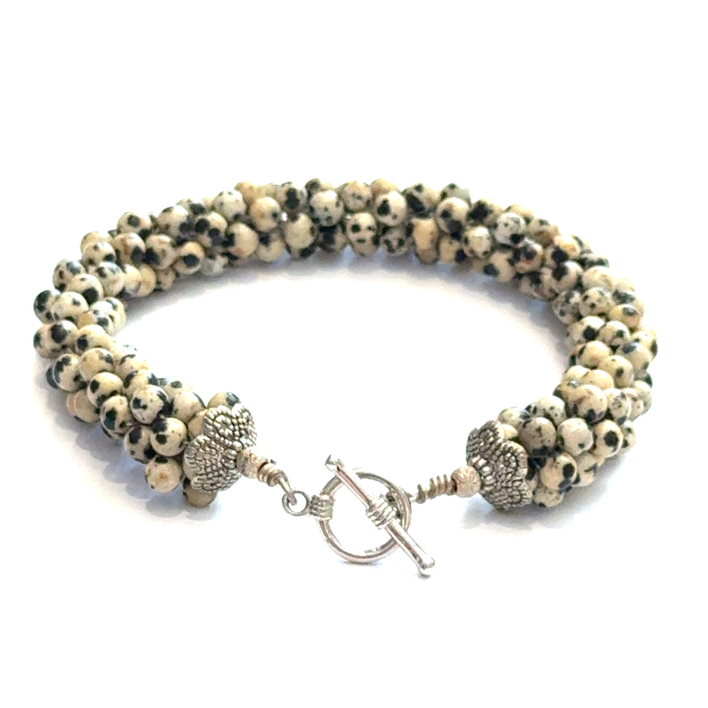 Dalmatian Jasper Gemstone Crocheted Bracelet Playful Spirit. Grounded Soul.