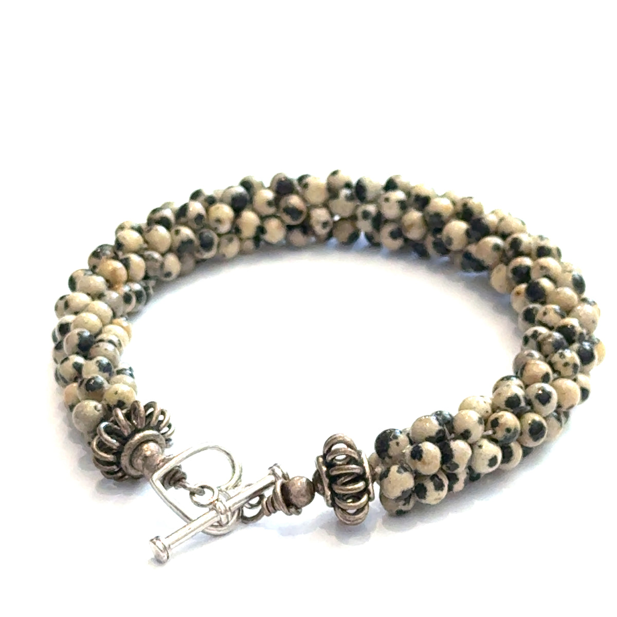 Dalmatian Jasper Gemstone Crocheted Bracelet Playful Spirit. Grounded Soul.