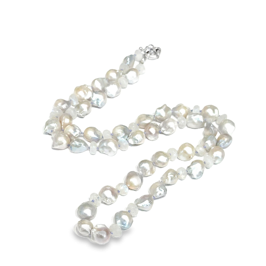 Baroque Pearl "Fire Ball" & Rainbow Moonstone Knotted Necklace
