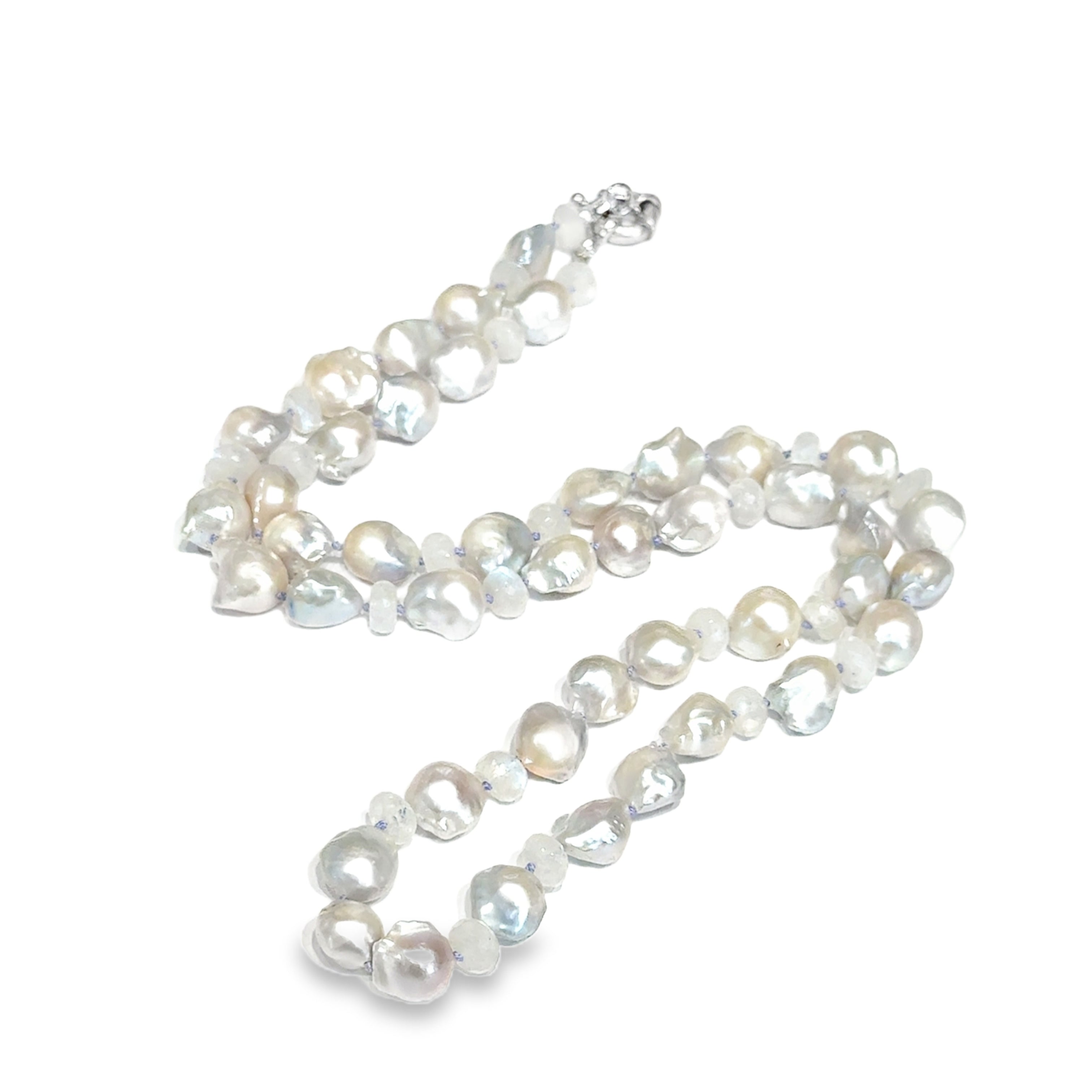 Baroque Pearl "Fire Ball" & Rainbow Moonstone Knotted Necklace