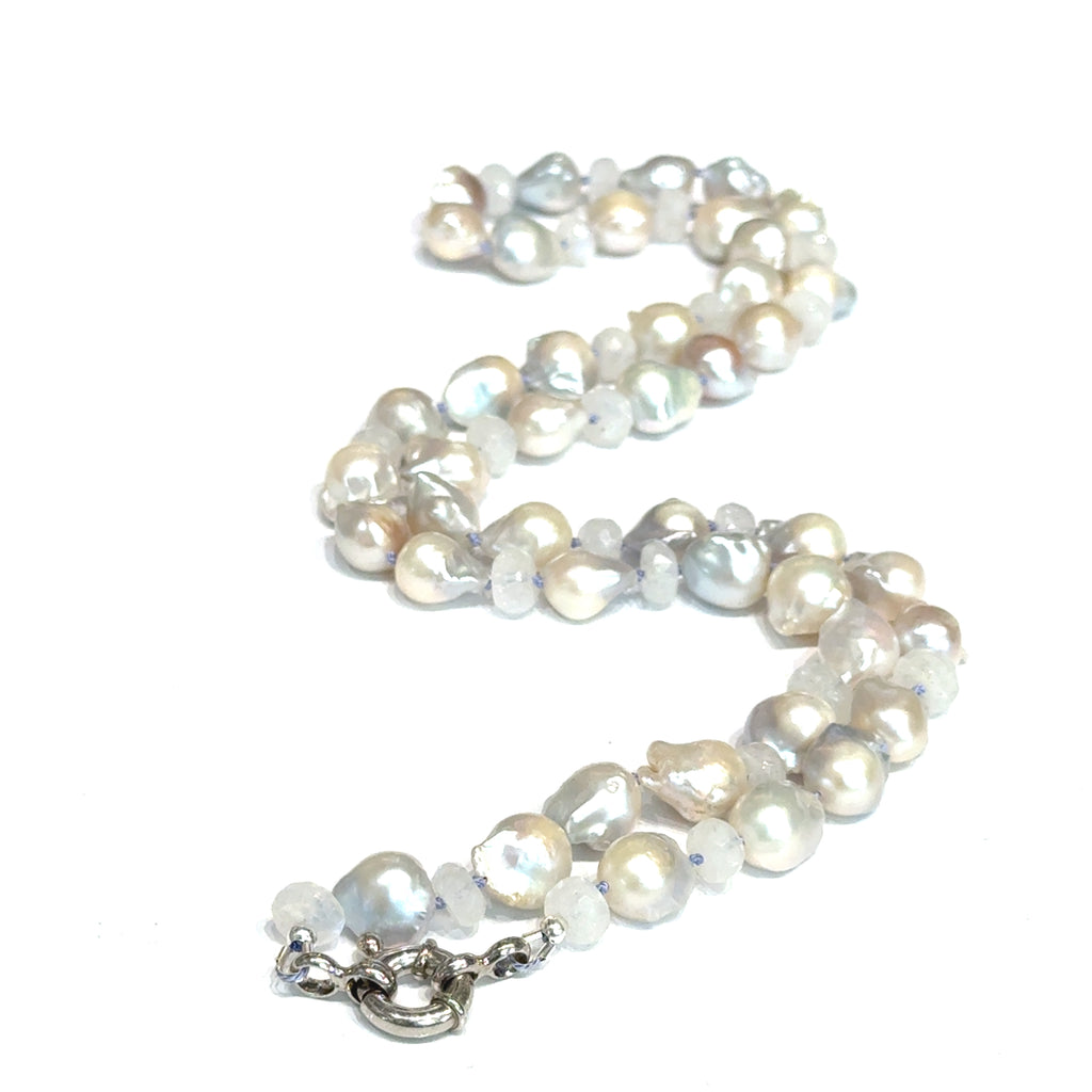 Baroque Pearl "Fire Ball" & Rainbow Moonstone Knotted Necklace
