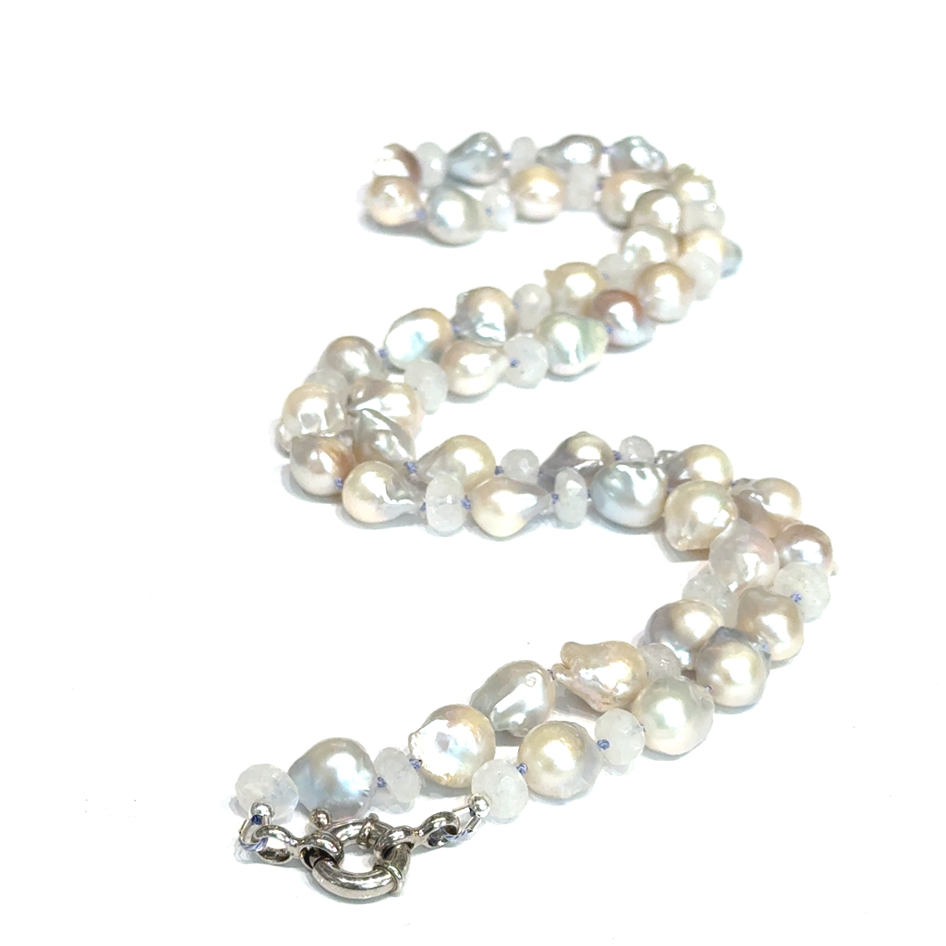 Baroque Pearl "Fire Ball" & Rainbow Moonstone Knotted Necklace