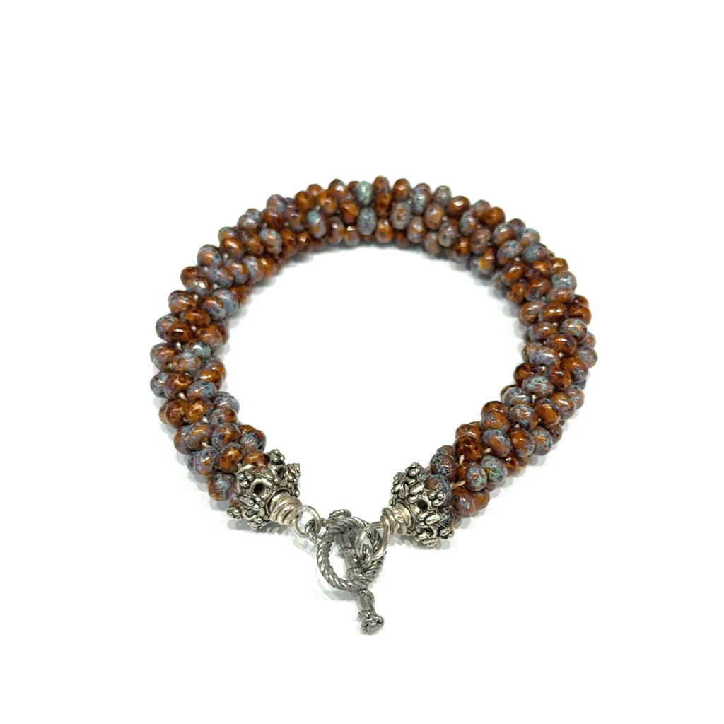 Brown Ceramic Crocheted Bracelet, Size 7, Blue and Black Accents, Sterling Silver Toggle