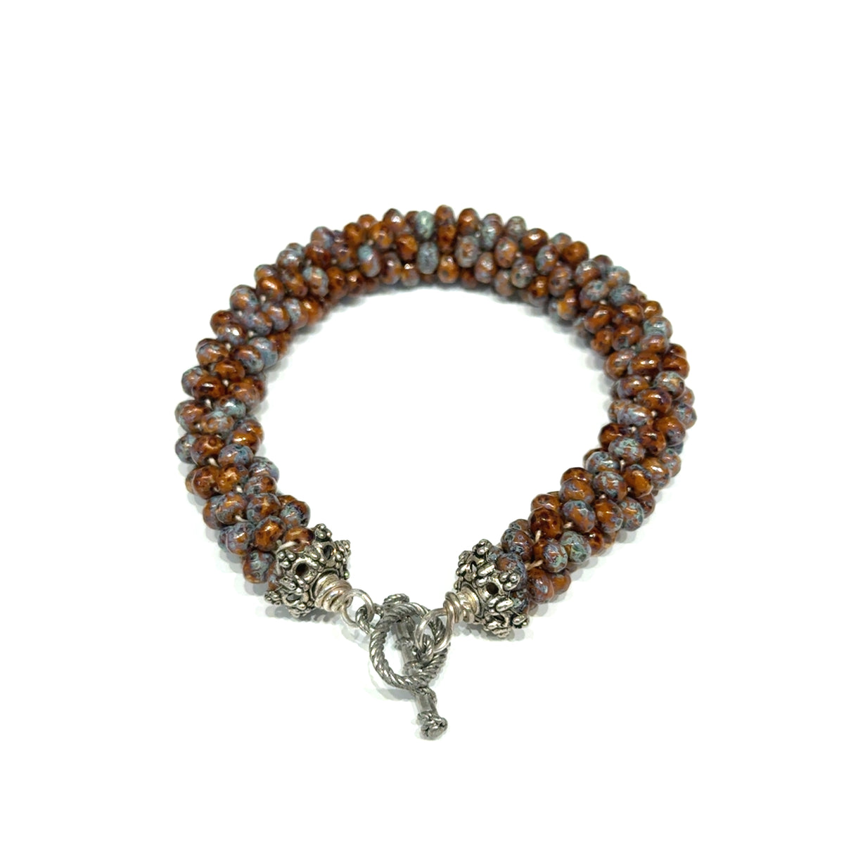 Brown Ceramic Crocheted Bracelet, Size 7, Blue and Black Accents, Sterling Silver Toggle