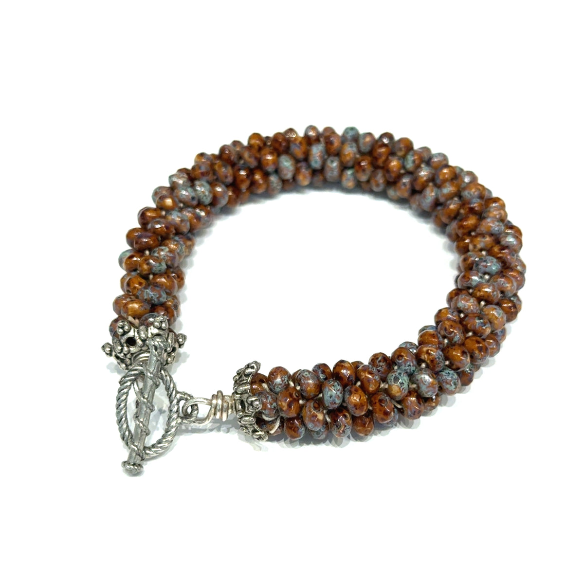 Brown Ceramic Crocheted Bracelet, Size 7, Blue and Black Accents, Sterling Silver Toggle
