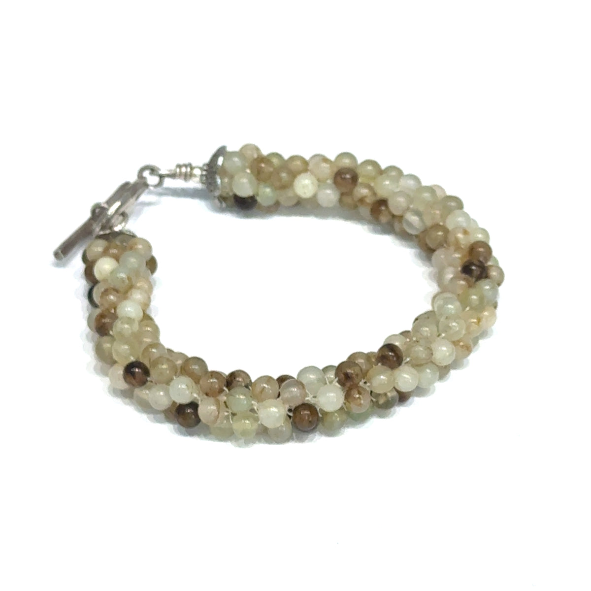 Yellow Agate Crocheted Bracelet, Size 7, Smooth Round Beads, Sterling Silver Toggle