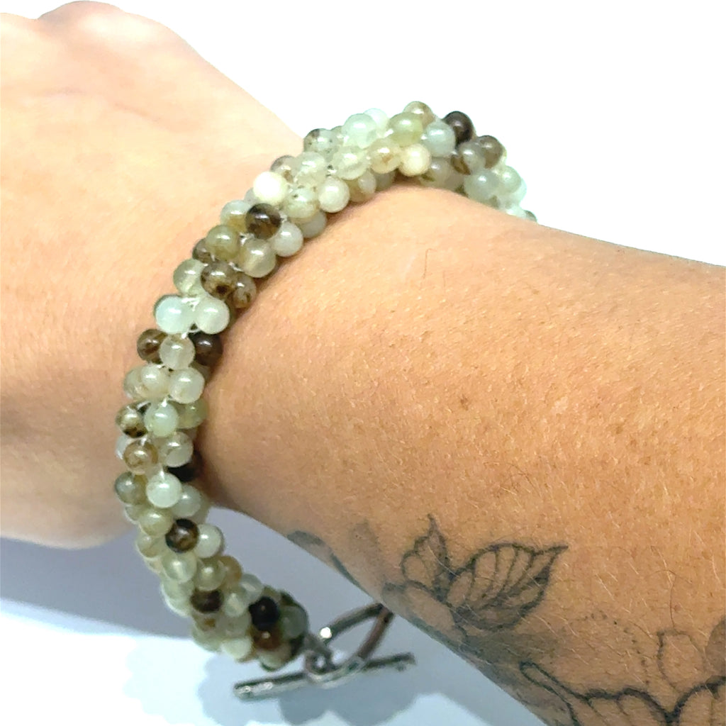 Yellow Agate Crocheted Bracelet, Size 7, Smooth Round Beads, Sterling Silver Toggle