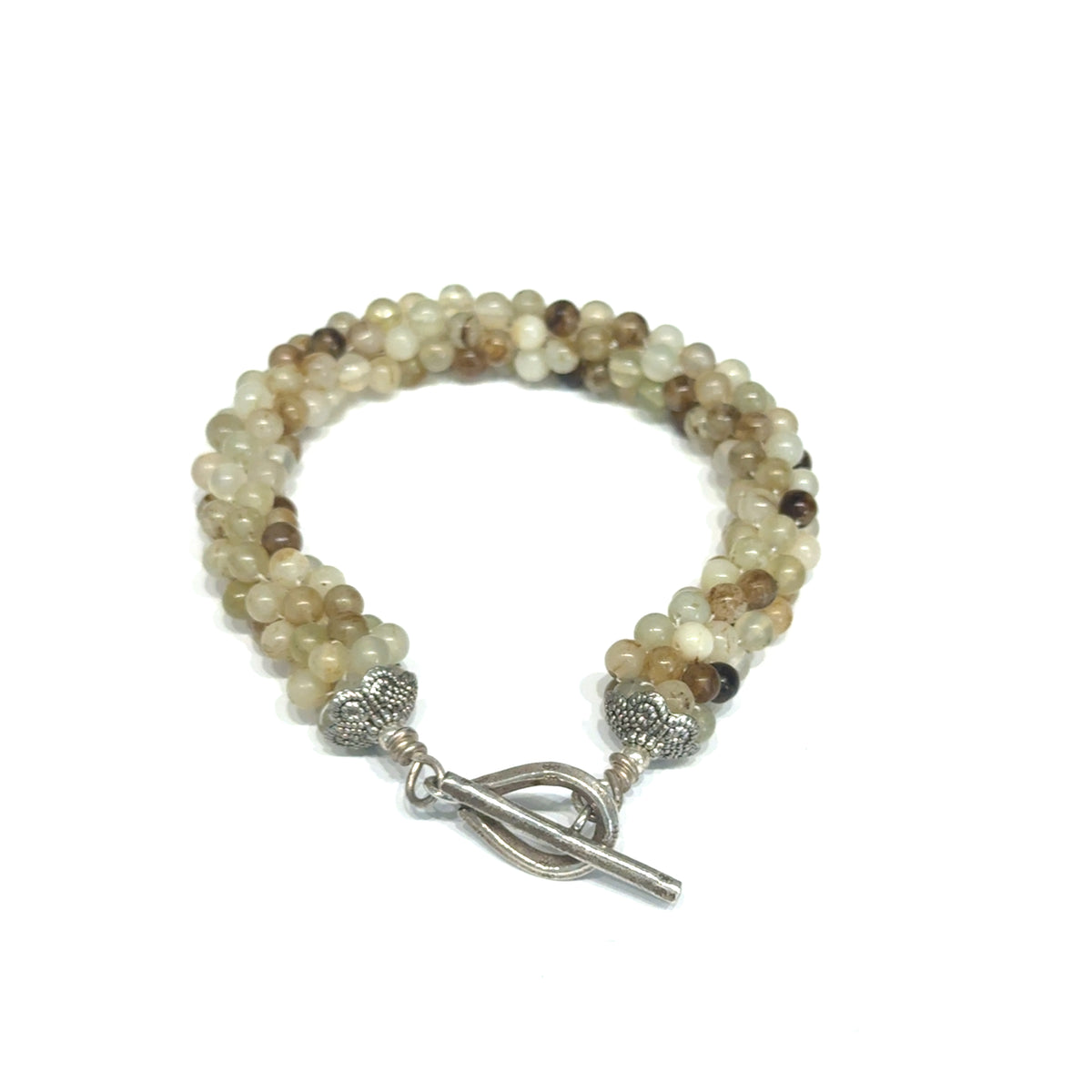 Yellow Agate Crocheted Bracelet, Size 7, Smooth Round Beads, Sterling Silver Toggle