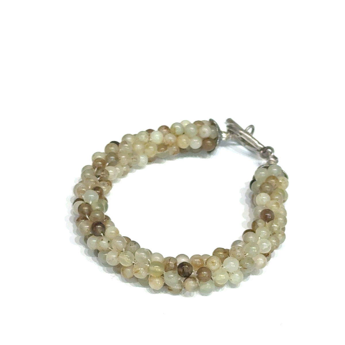 Yellow Agate Crocheted Bracelet, Size 7, Smooth Round Beads, Sterling Silver Toggle