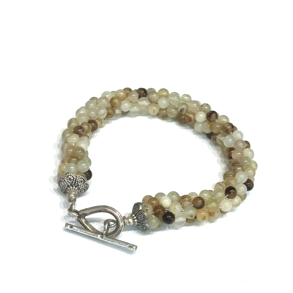 Yellow Agate Crocheted Bracelet, Size 7, Smooth Round Beads, Sterling Silver Toggle