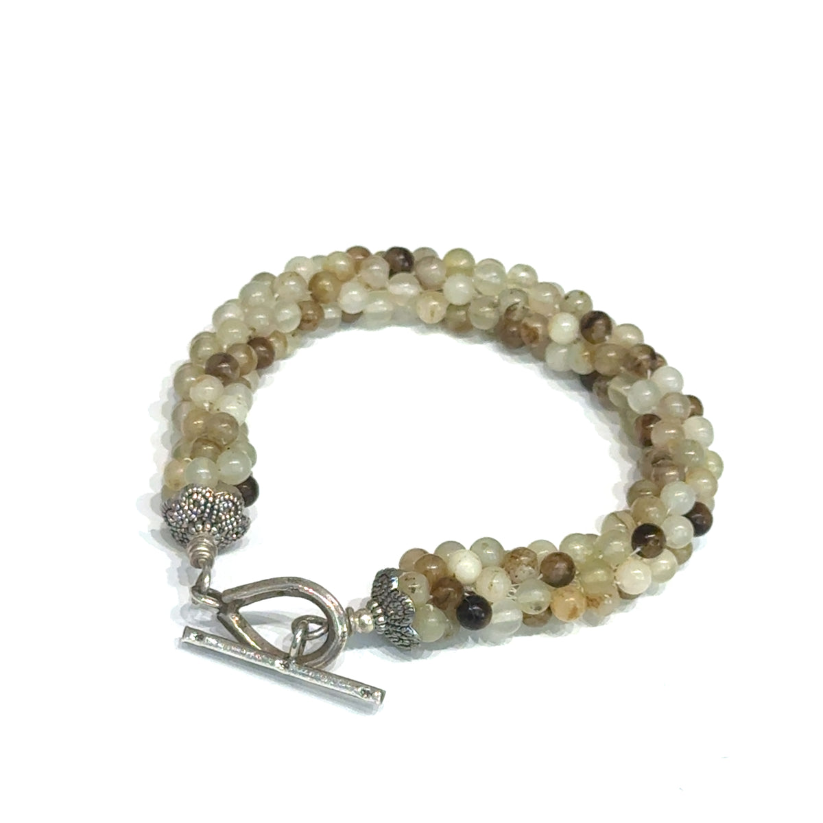Yellow Agate Crocheted Bracelet, Size 7, Smooth Round Beads, Sterling Silver Toggle