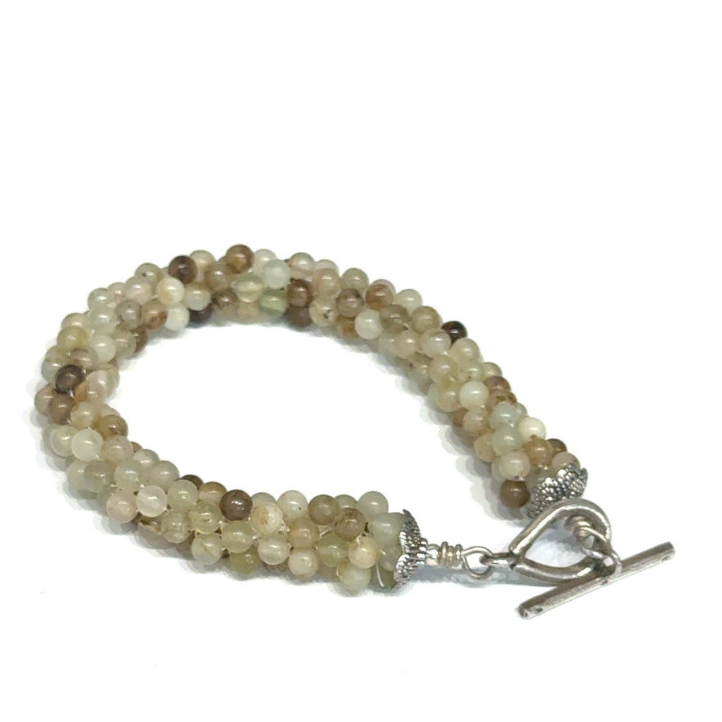 Yellow Agate Crocheted Bracelet, Size 7, Smooth Round Beads, Sterling Silver Toggle
