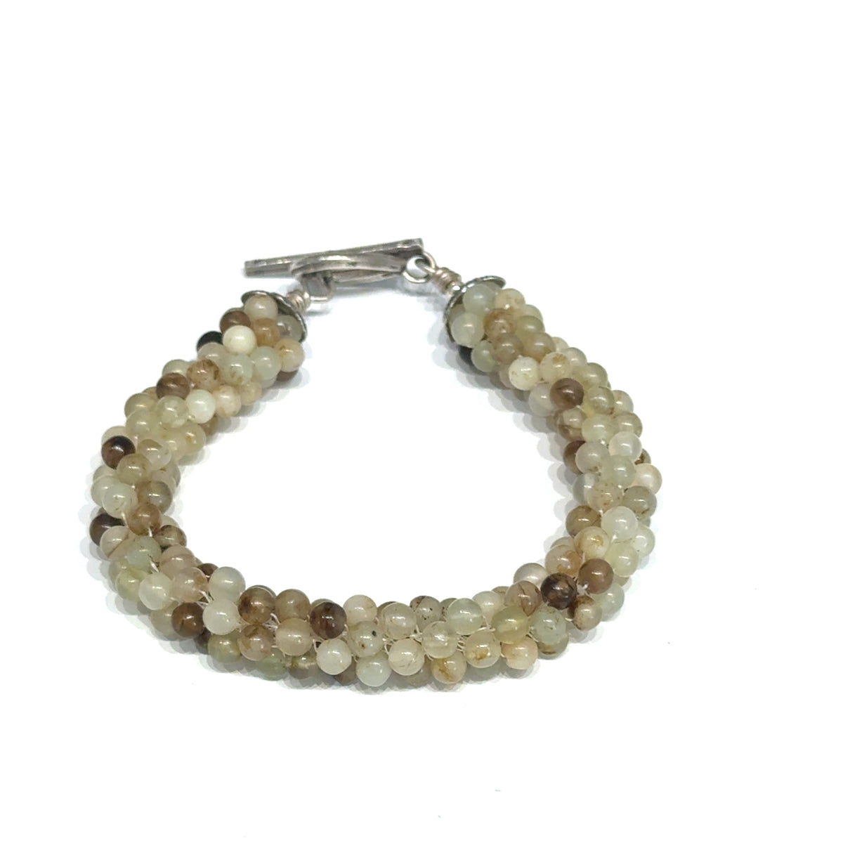 Yellow Agate Crocheted Bracelet, Size 7, Smooth Round Beads, Sterling Silver Toggle