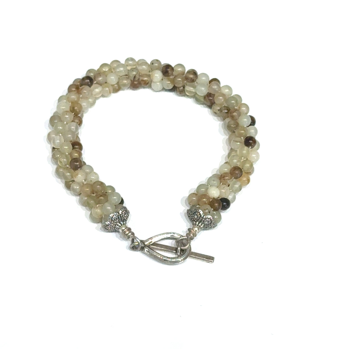 Yellow Agate Crocheted Bracelet, Size 7, Smooth Round Beads, Sterling Silver Toggle