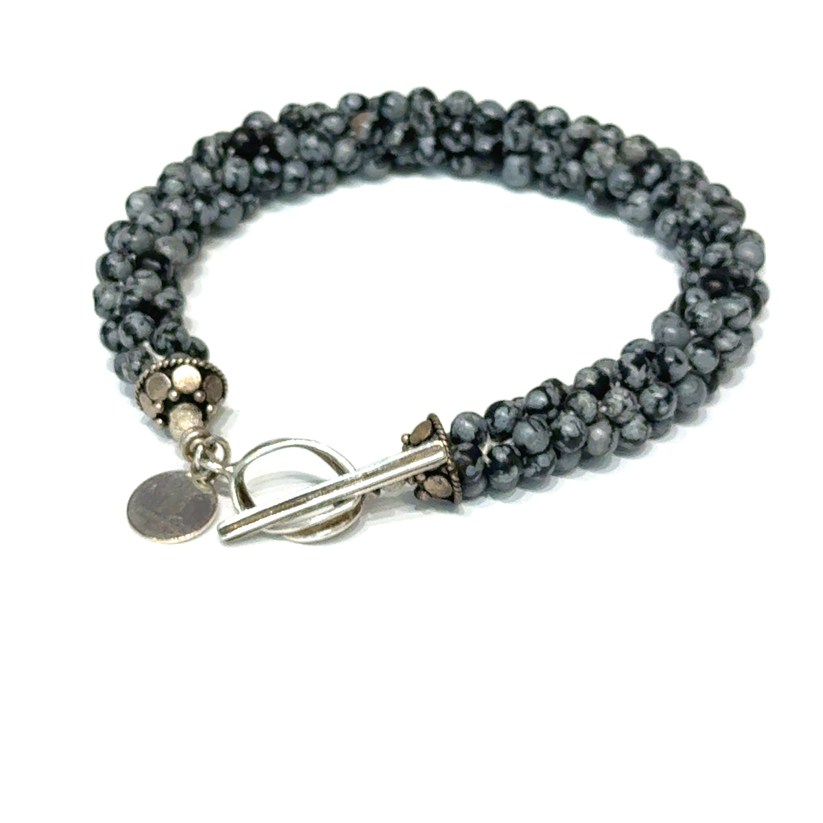 Snowflake Obsidian Crocheted Bracelet, Size 7.5, Smooth Round Beads, Sterling Silver Toggle
