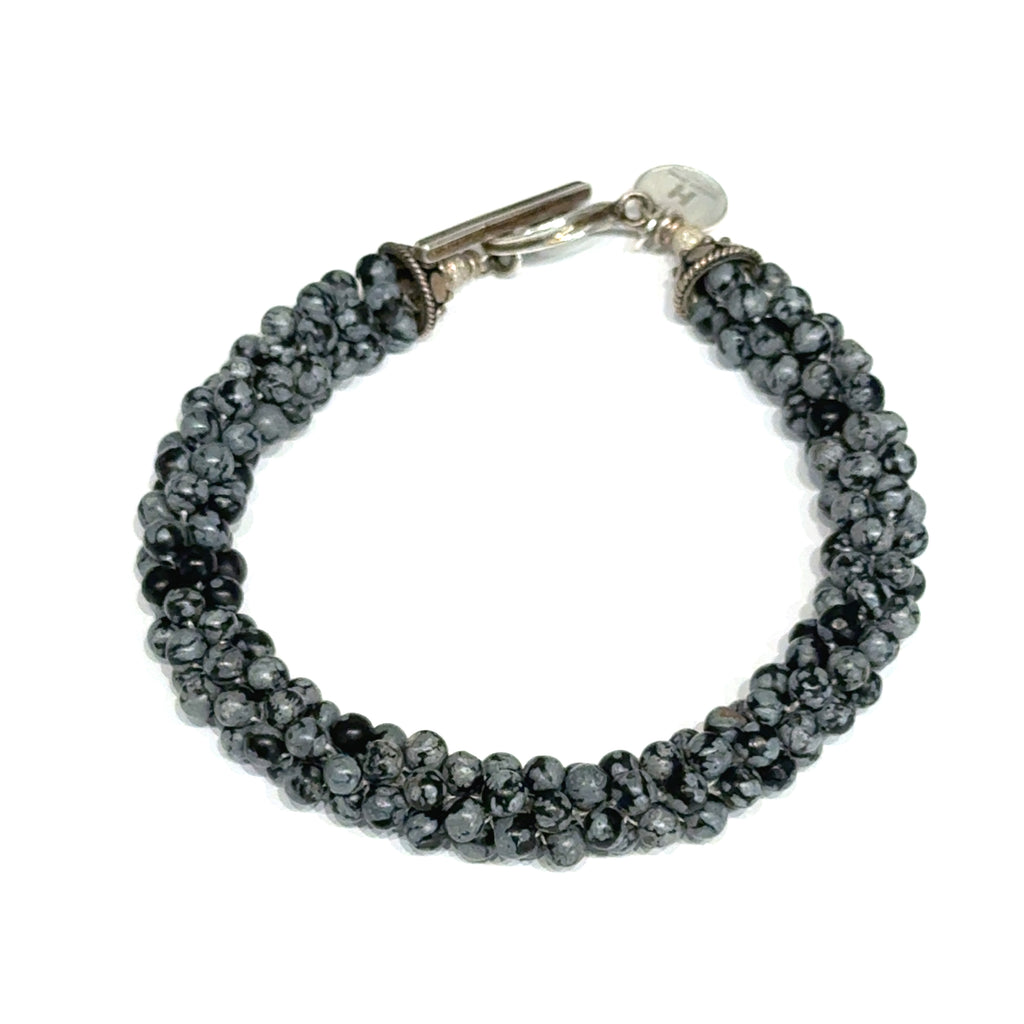 Snowflake Obsidian Crocheted Bracelet, Size 7.5, Smooth Round Beads, Sterling Silver Toggle