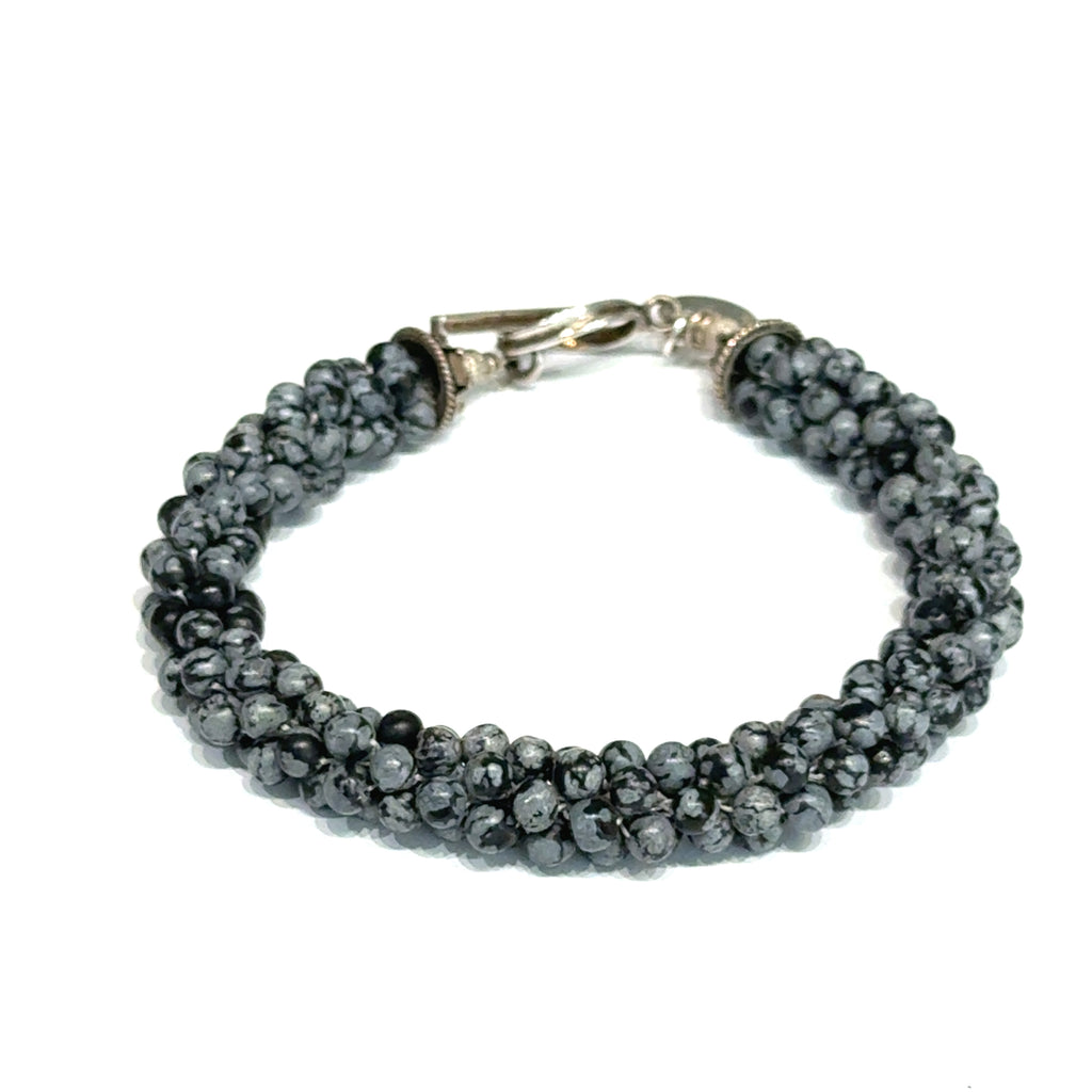Snowflake Obsidian Crocheted Bracelet, Size 7.5, Smooth Round Beads, Sterling Silver Toggle