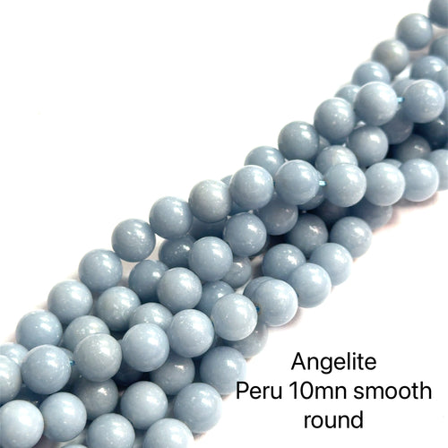 10mm Angelite smooth round gemstone strand, on a white background, front view. 