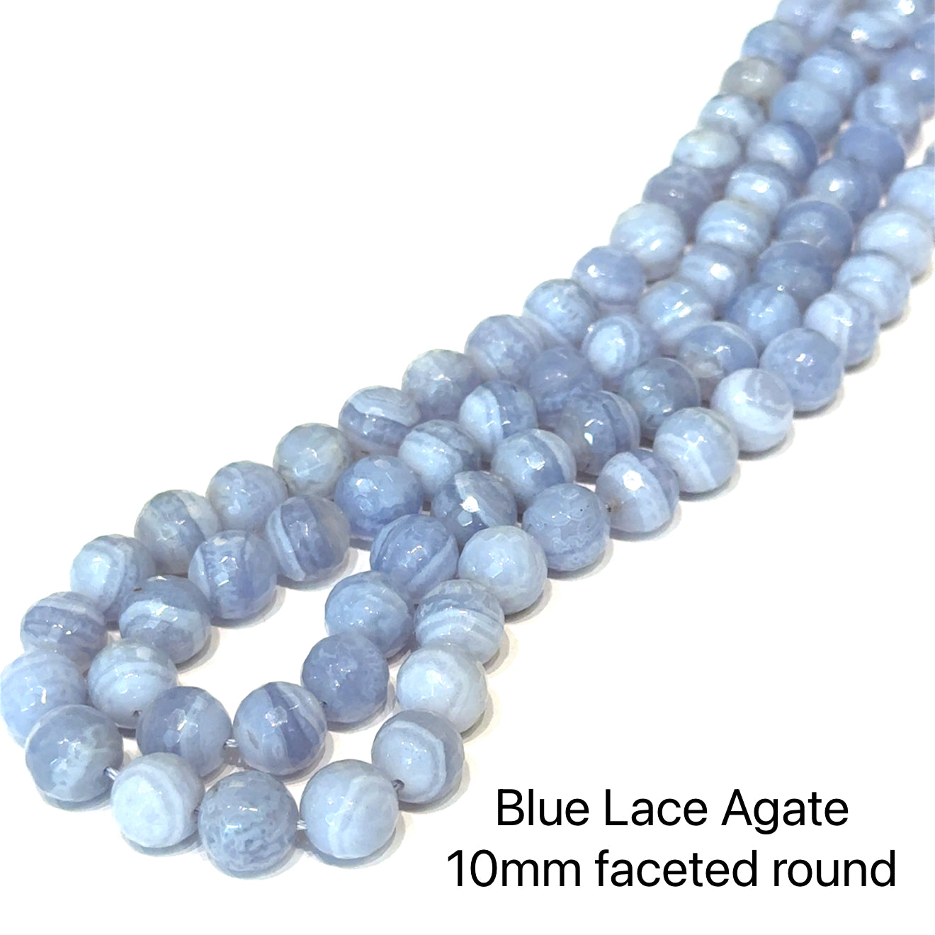 10mm Blue lace Agate faceted round gemstones on a white background, front overview. 