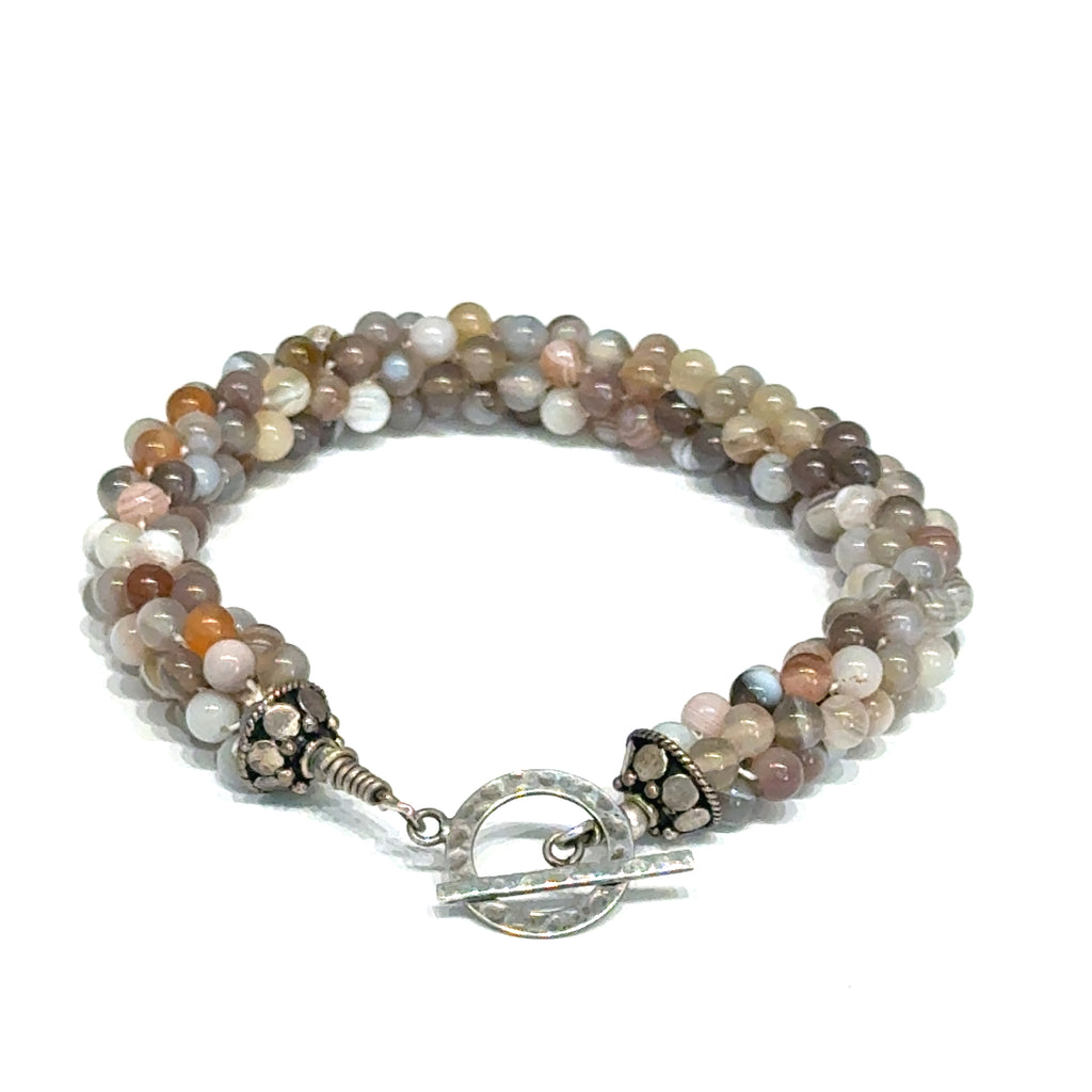 Botswana Agate Bulgarian Crochet Bracelet | Sterling Silver Hammered Circle Toggle | 7.5 In | Handmade | Boston | Comfort and Emotional Healing | Reiki Charged