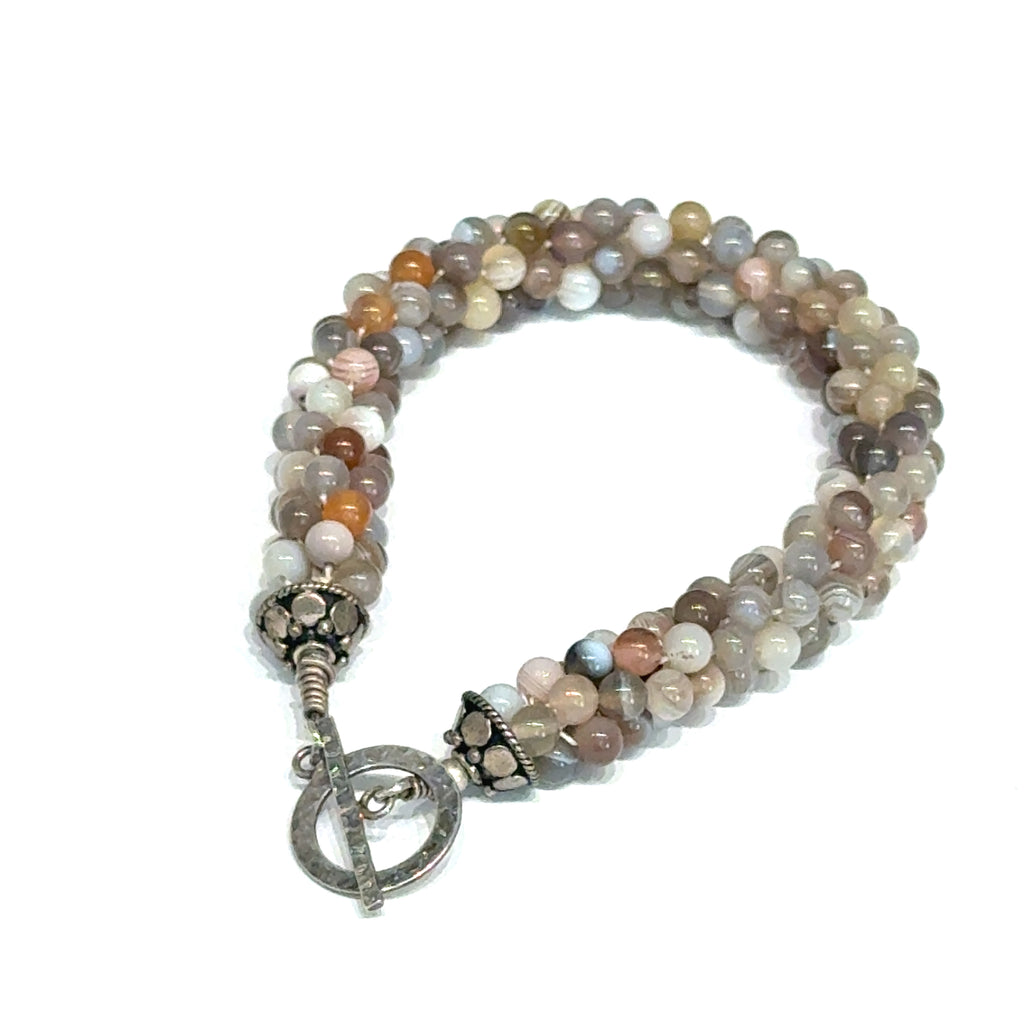 Botswana Agate Bulgarian Crochet Bracelet | Sterling Silver Hammered Circle Toggle | 7.5 In | Handmade | Boston | Comfort and Emotional Healing | Reiki Charged