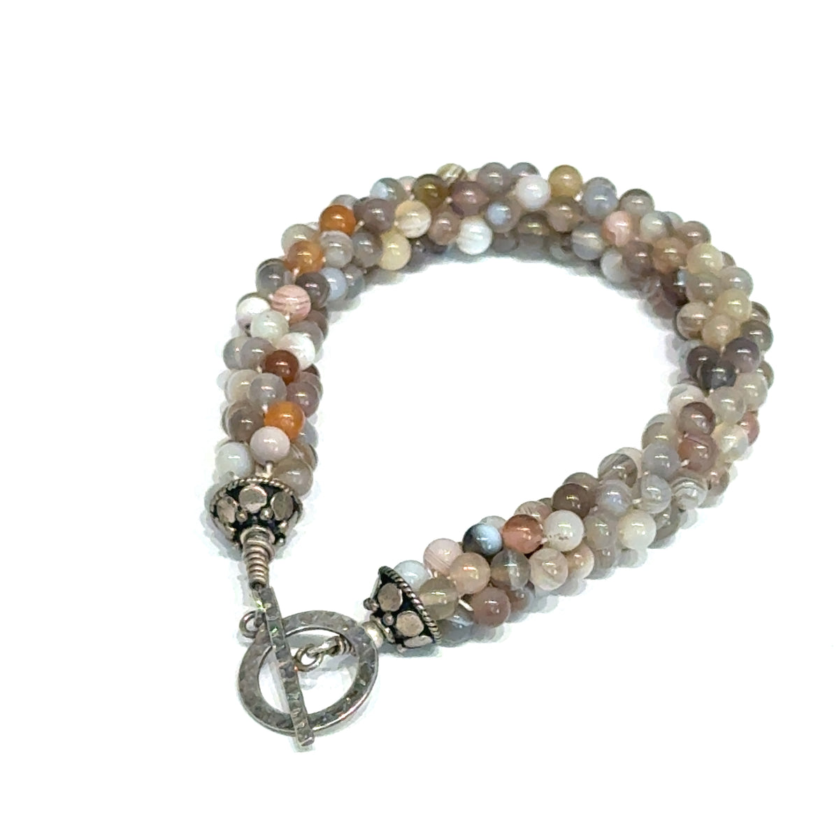 Botswana Agate Bulgarian Crochet Bracelet | Sterling Silver Hammered Circle Toggle | 7.5 In | Handmade | Boston | Comfort and Emotional Healing | Reiki Charged