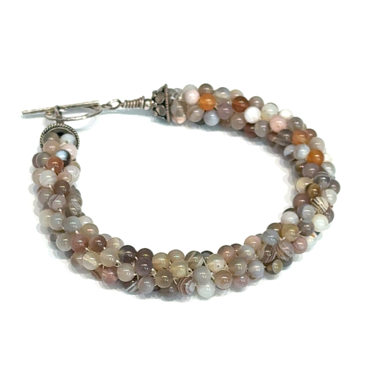 Botswana Agate Bulgarian Crochet Bracelet | Sterling Silver Hammered Circle Toggle | 7.5 In | Handmade | Boston | Comfort and Emotional Healing | Reiki Charged