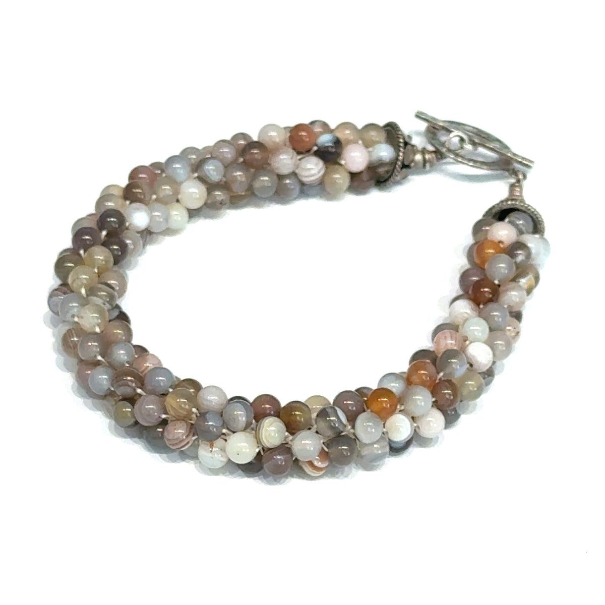 Botswana Agate Bulgarian Crochet Bracelet | Sterling Silver Hammered Circle Toggle | 7.5 In | Handmade | Boston | Comfort and Emotional Healing | Reiki Charged