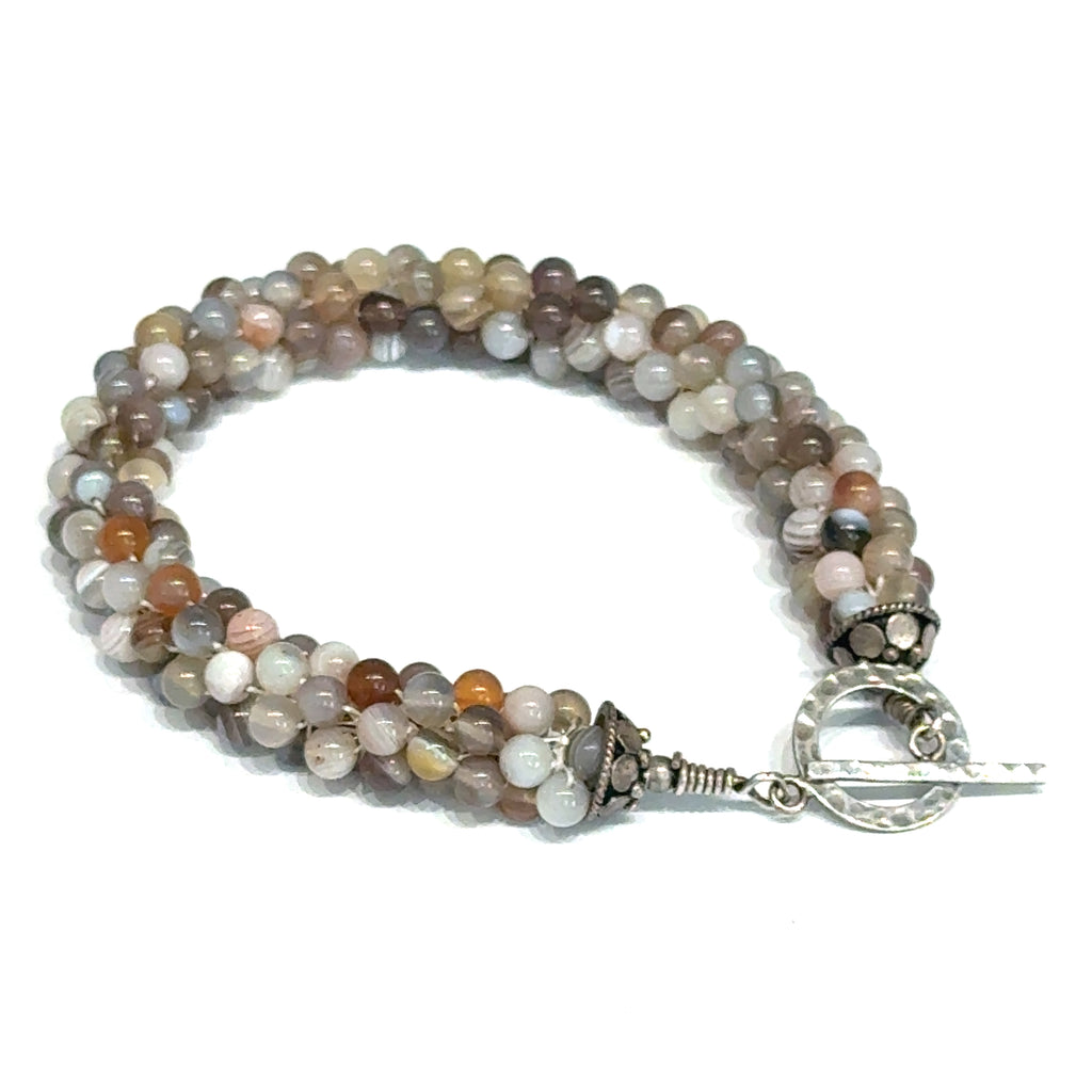 Botswana Agate Bulgarian Crochet Bracelet | Sterling Silver Hammered Circle Toggle | 7.5 In | Handmade | Boston | Comfort and Emotional Healing | Reiki Charged