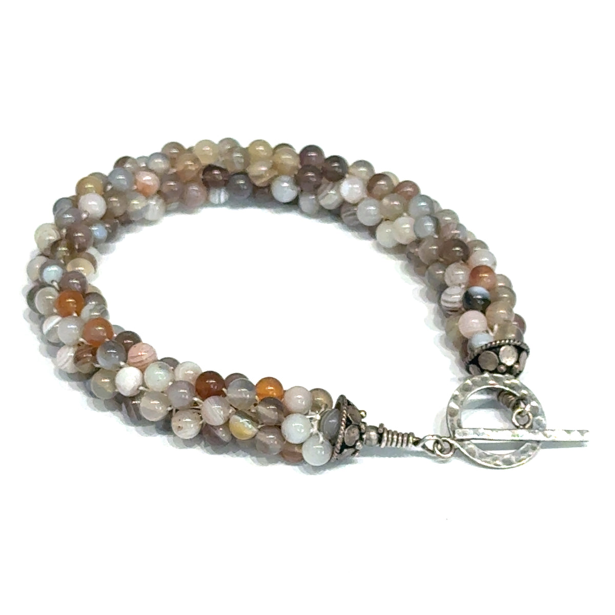 Botswana Agate Bulgarian Crochet Bracelet | Sterling Silver Hammered Circle Toggle | 7.5 In | Handmade | Boston | Comfort and Emotional Healing | Reiki Charged