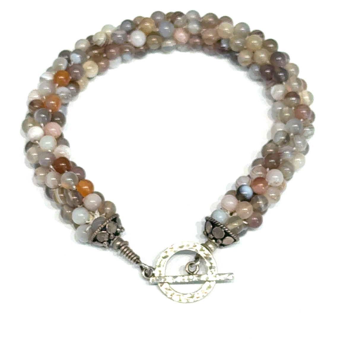 Botswana Agate Bulgarian Crochet Bracelet | Sterling Silver Hammered Circle Toggle | 7.5 In | Handmade | Boston | Comfort and Emotional Healing | Reiki Charged