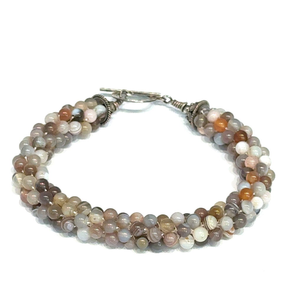 Botswana Agate Bulgarian Crochet Bracelet | Sterling Silver Hammered Circle Toggle | 7.5 In | Handmade | Boston | Comfort and Emotional Healing | Reiki Charged
