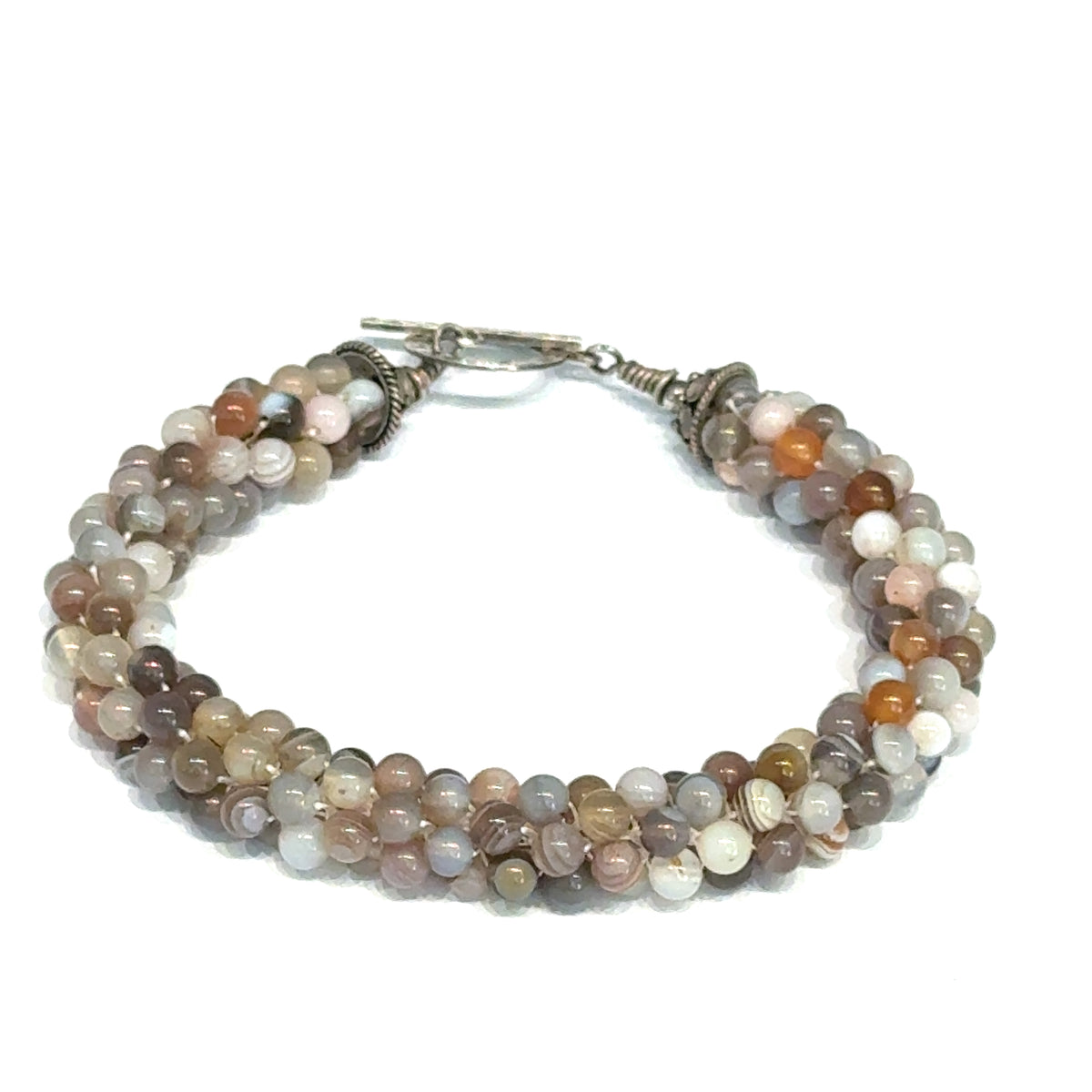 Botswana Agate Bulgarian Crochet Bracelet | Sterling Silver Hammered Circle Toggle | 7.5 In | Handmade | Boston | Comfort and Emotional Healing | Reiki Charged