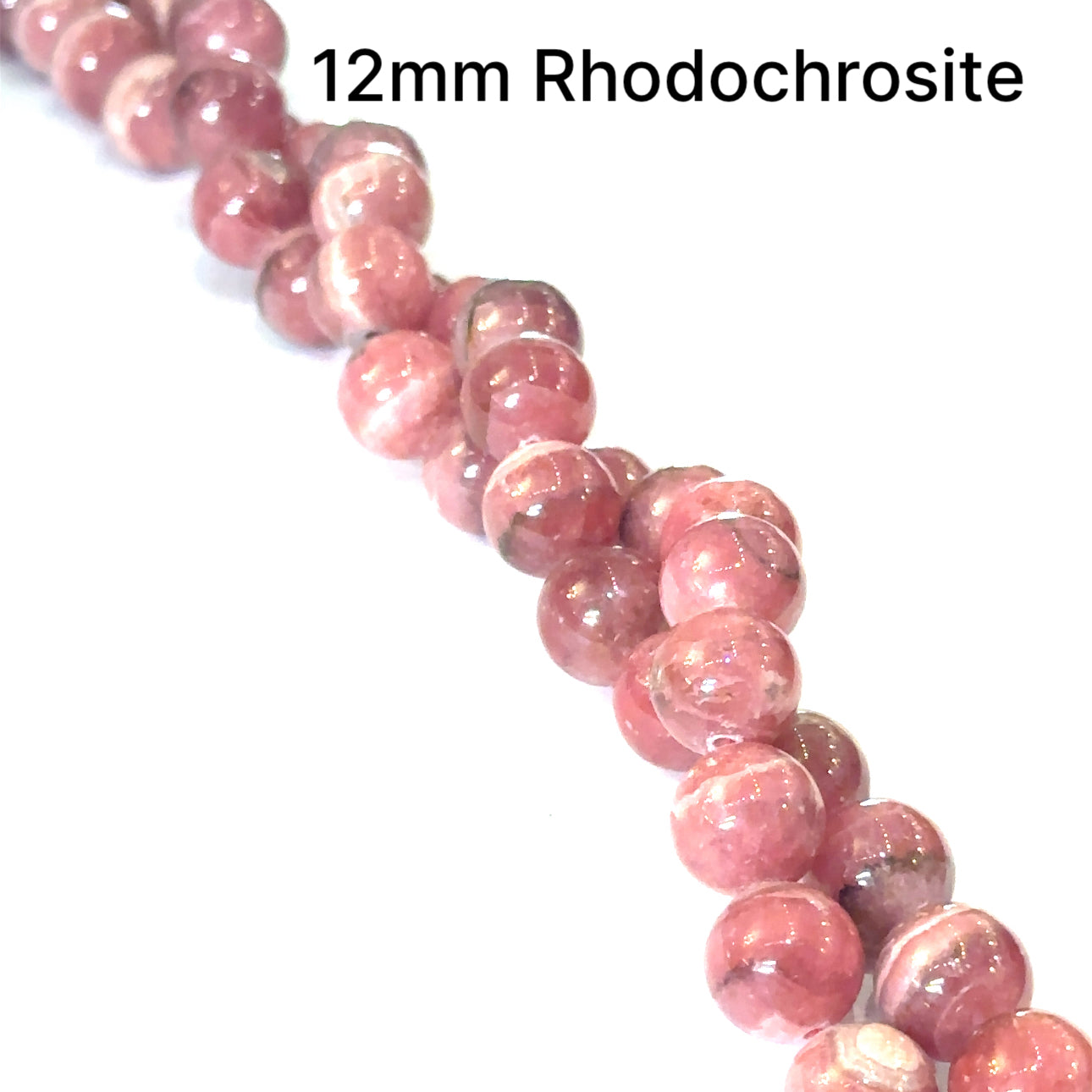 12mm Rhodochrosite smooth round gemstone strand on a white background, front  close up overview.