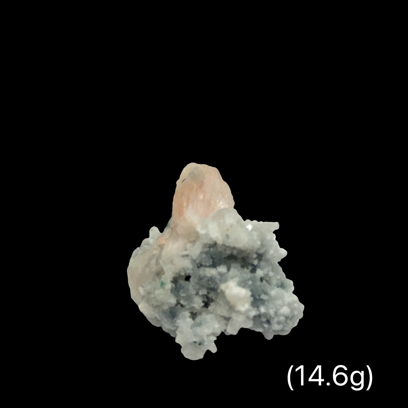 #13 Peach Stilbite with Blue Calcedony on a Black background, front view.