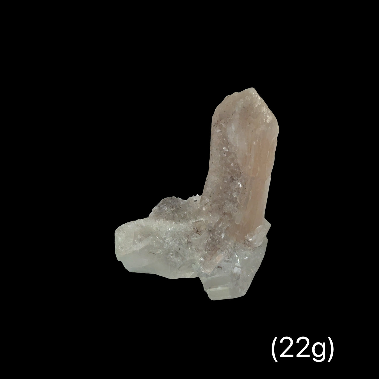 #14 Peach Stilbite with Clear Calcite on a Black background, front view.