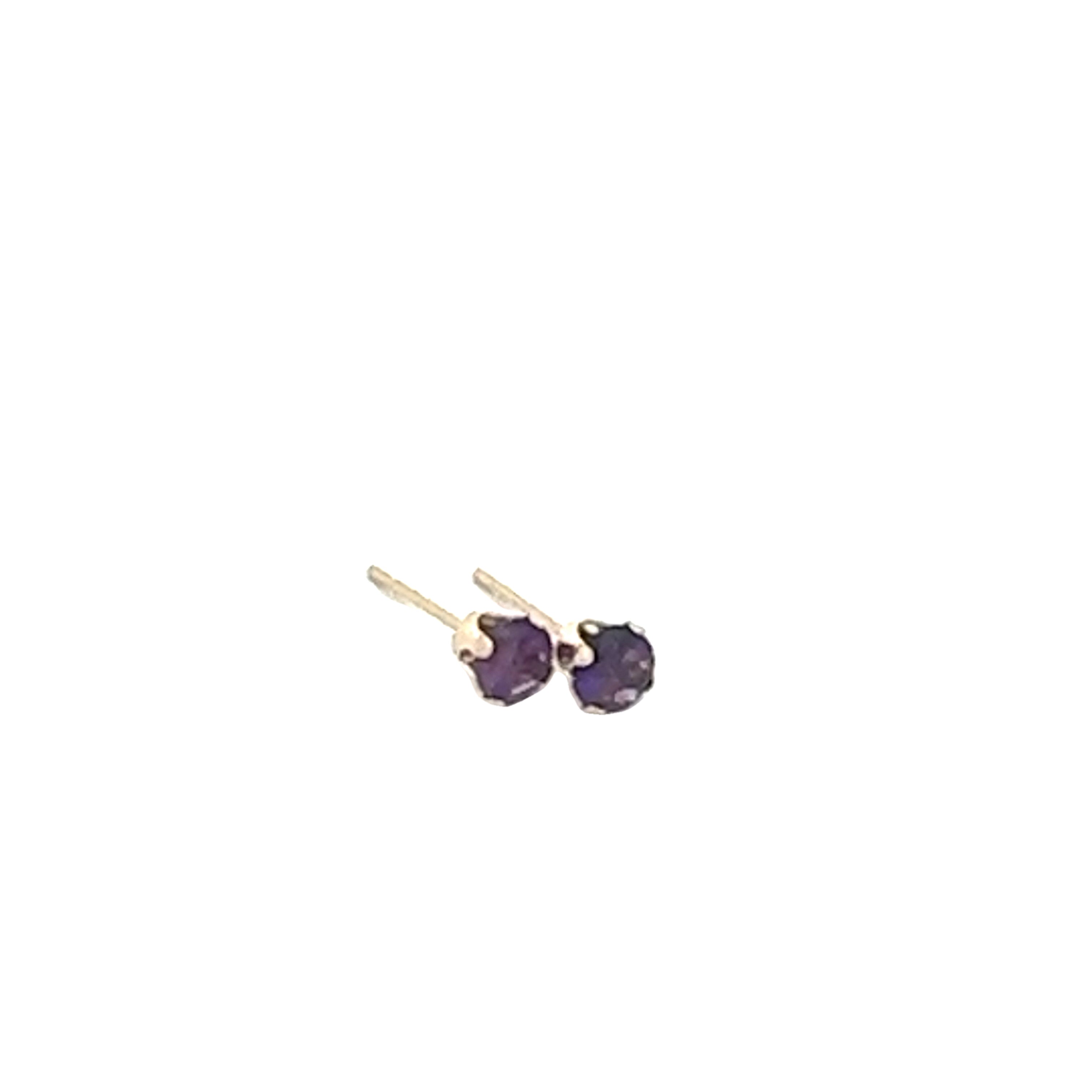 14k gold amethyst post earrings with deep purple round faceted gemstones on a white background, right side angled front overview
