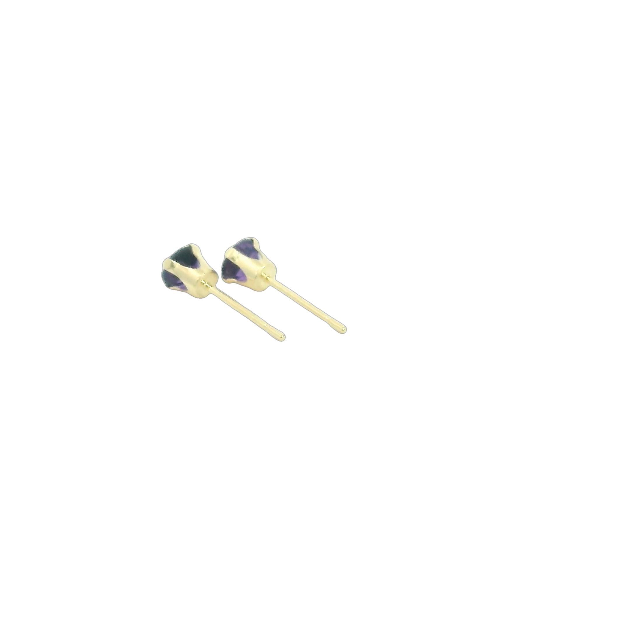 14k gold amethyst post earrings with deep purple round faceted gemstones on white background left side angled back overview